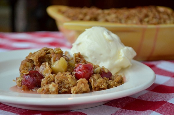 Sour cherry-rhubarb crisp