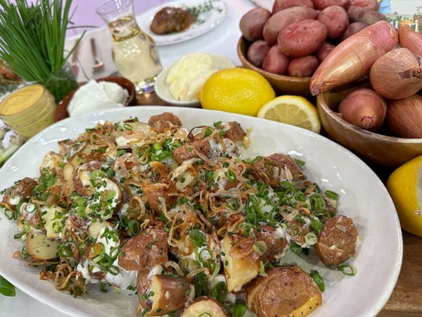 Sour cream and chive potato salad with crispy shallots