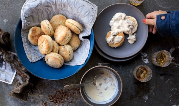 Sour cream biscuits with sausage gravy