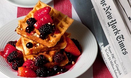 Sour cream hazelnut waffles and warm berries