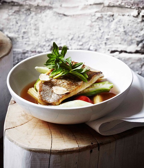 Sour fish soup with elephant ear stem, tamarind and pineapple