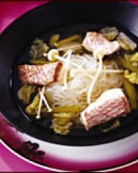 Sour fish soup with napa cabbage and enoki mushrooms