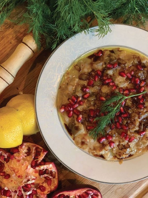 Sour lentil, eggplant, and pomegranate bowl (Rumaniyya)