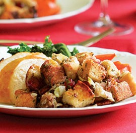 Sourdough bread stuffing with pecans and cranberries