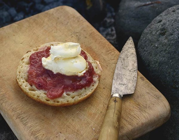 Sourdough crumpets with rhubarb and crème fraîche 