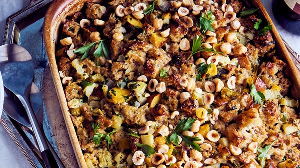Sourdough dressing with apples, acorn squash, and hazelnuts