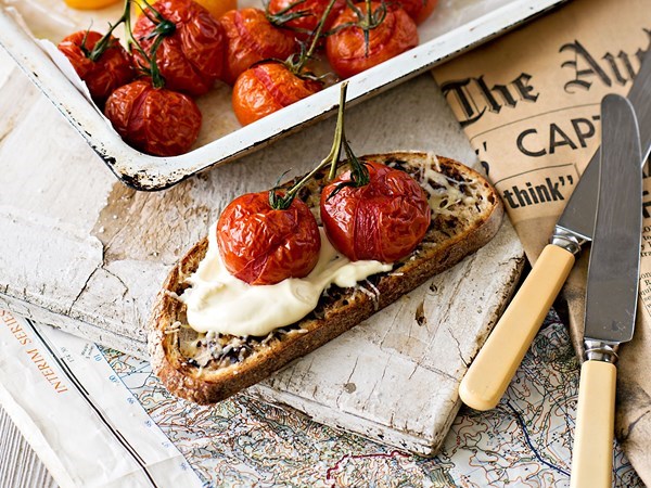 Sourdough mousetraps with whipped feta cream & roasted tomatoes