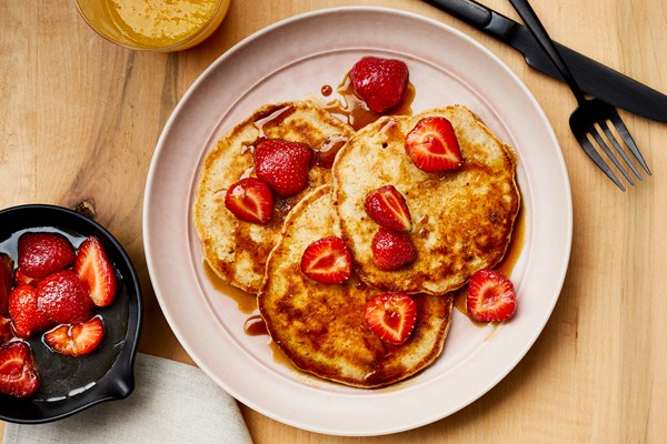 Sourdough pancakes with maple-molasses strawberries
