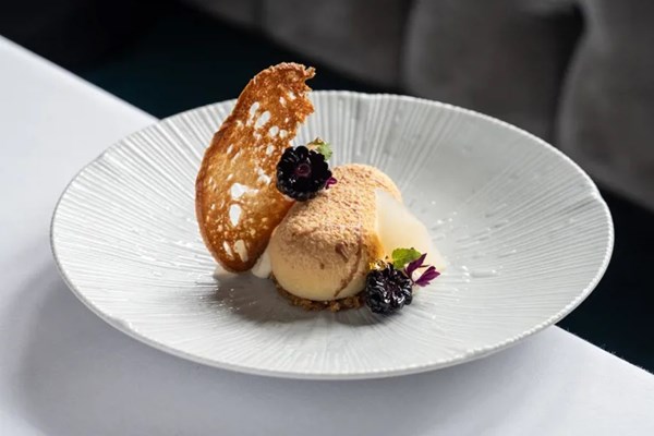 Sourdough parfait, vanilla Chantilly and roasted pear
