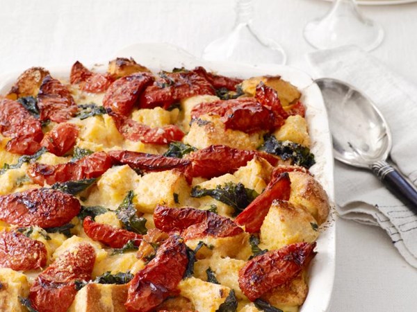 Sourdough strata with tomatoes and green onions 