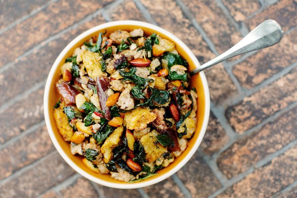 Sourdough stuffing with kale, dates and turkey sausage