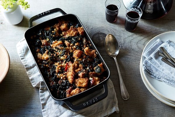 Sourdough stuffing with kale, dates, and sausage
