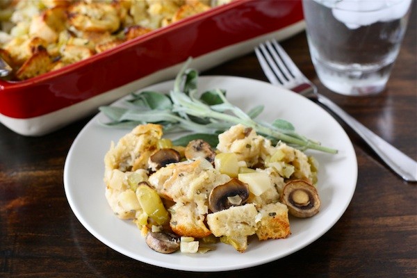 Sourdough stuffing with mushrooms, apples, & sage