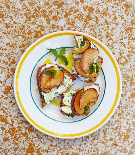 Sourdough toast, mint adjika, labneh and plums