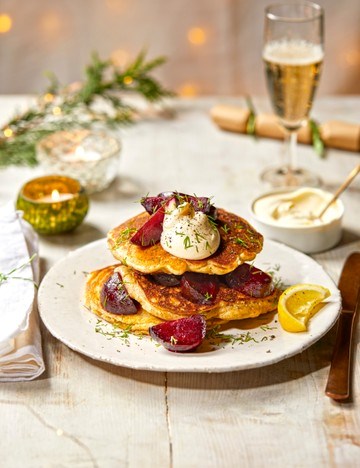 Sourdough trash pancakes with roast beetroot