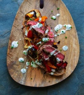 Sourdough with anchoïade, rare griddled beef, escalivada and chive sour cream