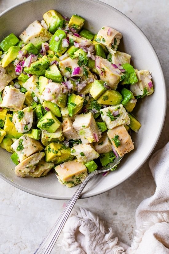 Sous vide chicken breast and cilantro lime chicken avocado salad