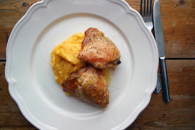 Sous vide chicken thighs with cauliflower, squash and potato mash