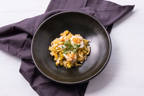 Sous vide cod cheeks with kimchi and peanut