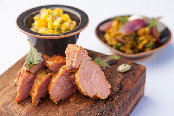  Sous vide lamb neck fillet with mango salsa and dhal