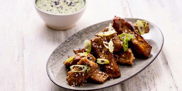 Sous vide lamb ribs with spicy green miso dipping sauce