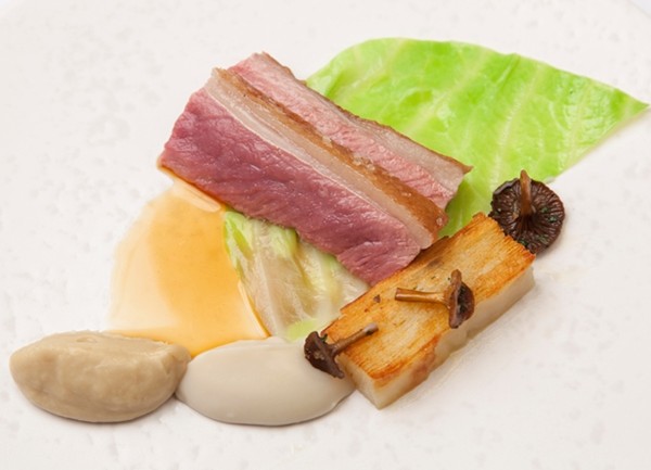 Sous vide loin of lamb with shallot and artichoke purées