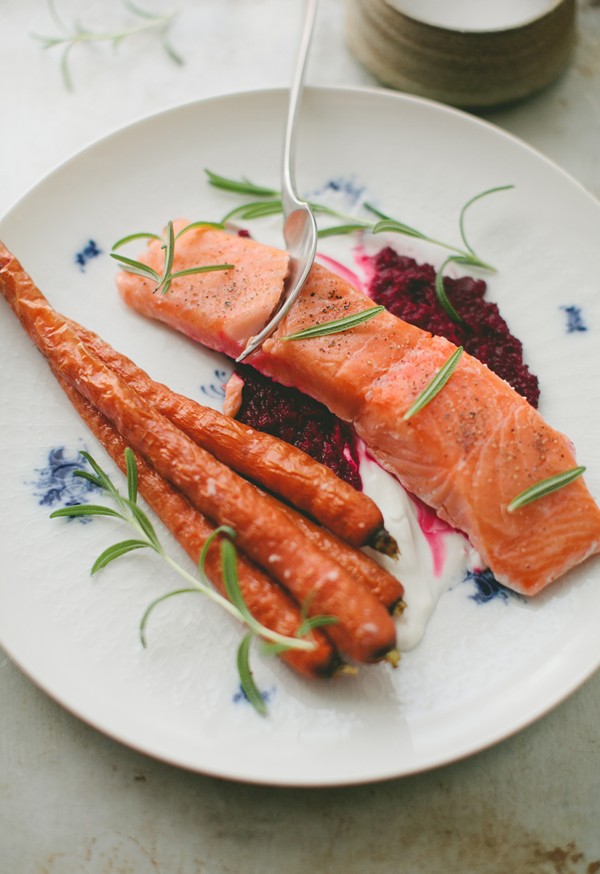 Sous vide salmon with roasted beet sauce