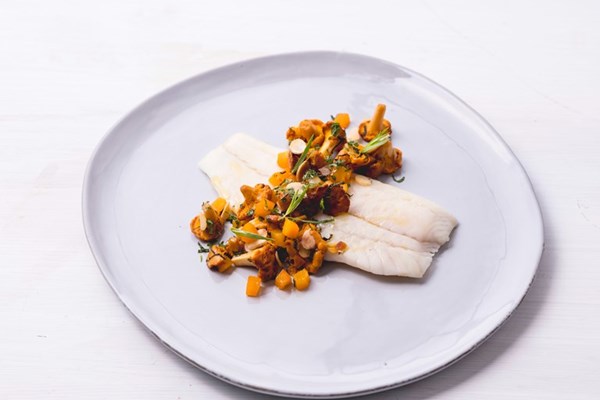 Sous vide turbot, summer mushroom salad, apricot dressing
