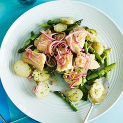 Soused fish with new potato pesto salad