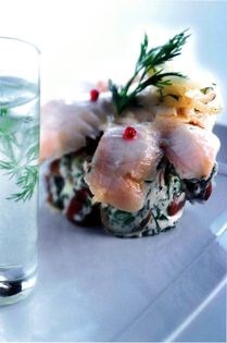 Soused Hartlepool halibut with pink peppercorns and pickled shallots, crushed "pink fir apple" potato salad, dill vodka