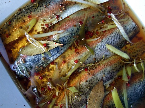 Soused rainbow trout with pink peppercorns and lemon zest
