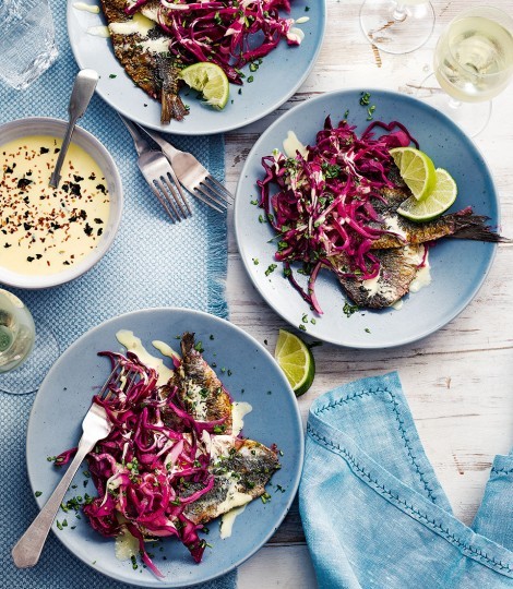 Soused sardines with red cabbage and seaweed salad cream