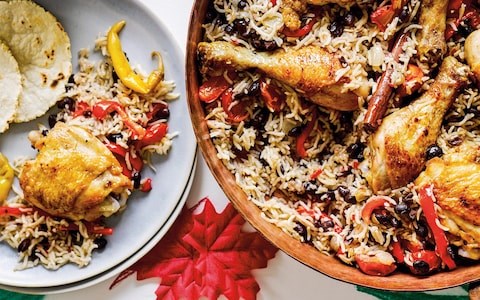 South American-spiced chicken, beans and rice with avocado and pickled chillies