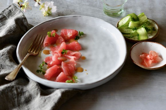 South Australian tuna sashimi with Lebanese cucumber, chervil and lime