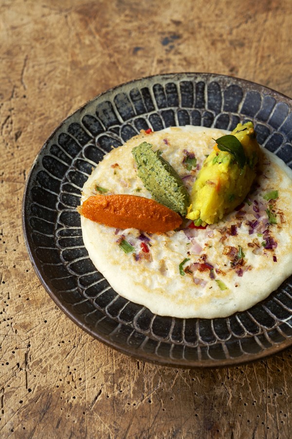 South Indian dosa pancakes with spiced potatoes and green coconut chutney