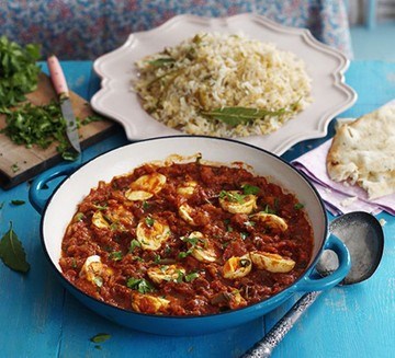 South Indian egg curry with rice & lentil pilau