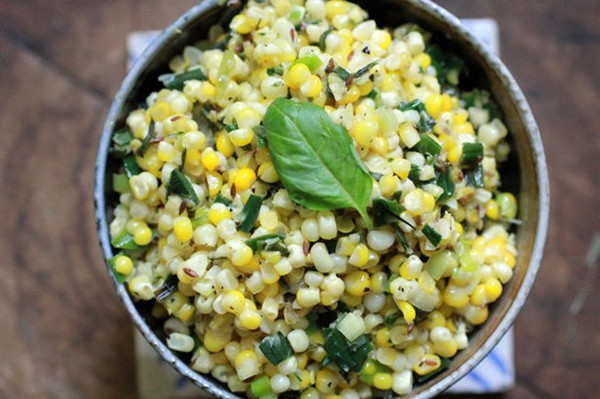 South Indian stir-fried corn with basil and leeks