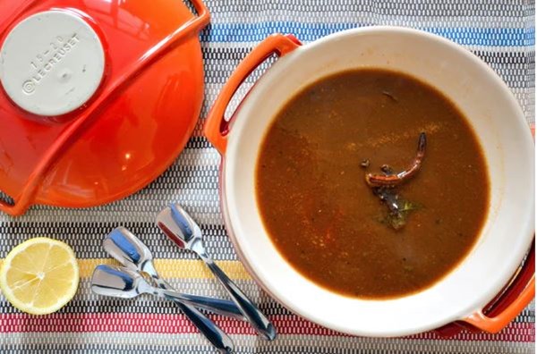 South Indian tomato and tamarind soup with pigeon peas (Toor dal rasam)
