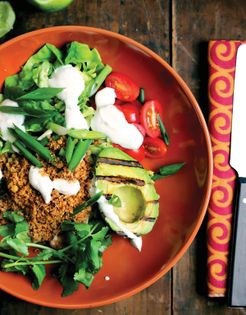 South of the border bowls with walnut meat and grilled avocado
