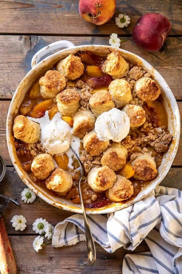 Southern double crusted cinnamon sugar peach cobbler