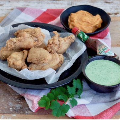 Southern fried chicken wings with hot & cold dipping sauces