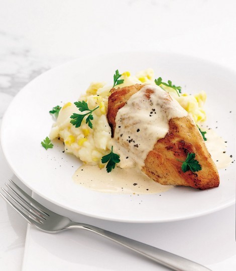 Southern fried chicken with cream gravy and sweetcorn mash