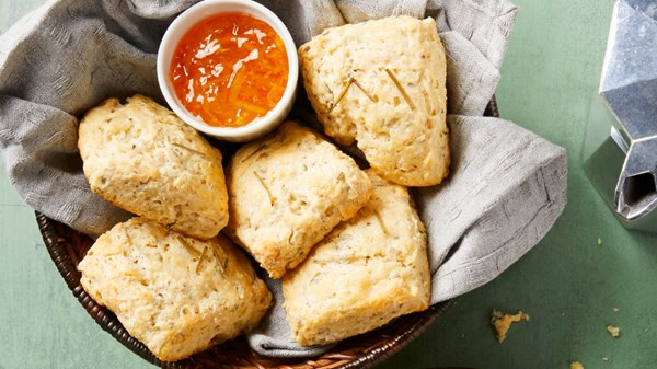 Southern pine needle biscuits with orange marmalade