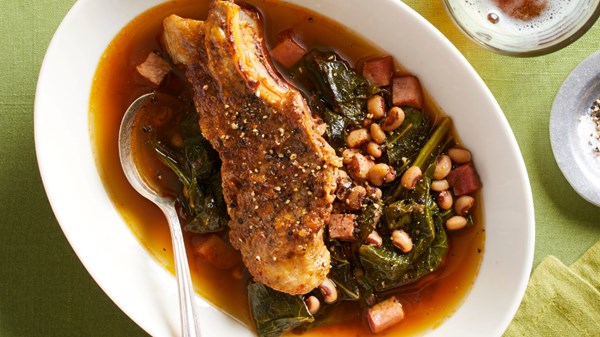 Southern pork stew with collards and black-eyed peas