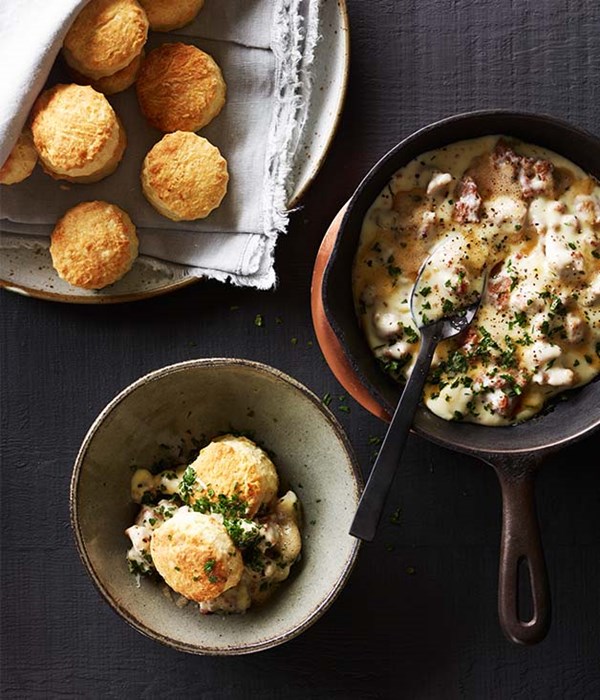 Southern-style biscuits with sawmill gravy