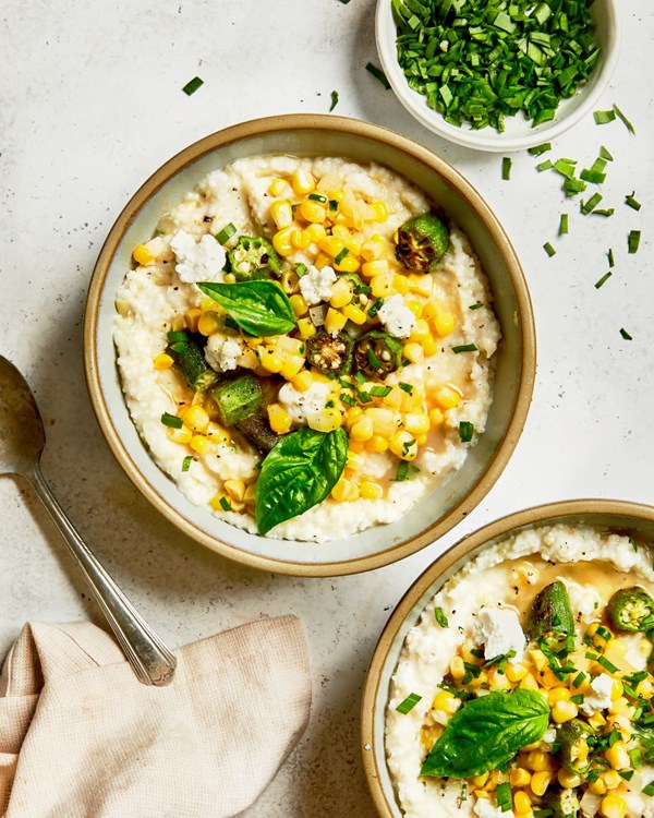 Southern-style grits with okra, corn, and goat cheese