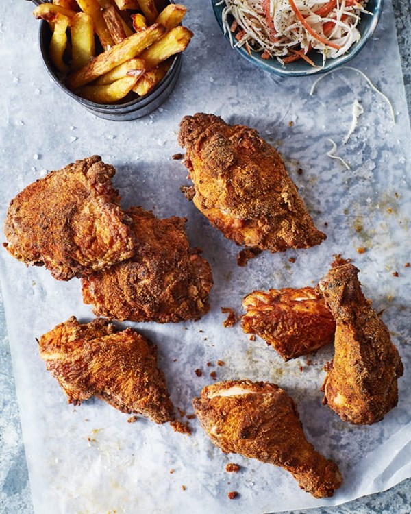 Southern-style roast chicken with chips and classic coleslaw