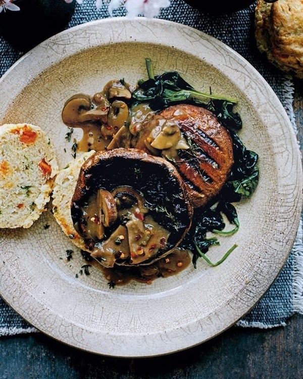 Southern sweet potato and jalapeño biscuits with Earl Grey gravy and maple grilled mushrooms