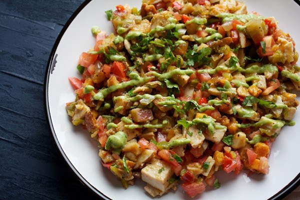 Southwest-style turkey hash with creamy avocado-cilantro sauce