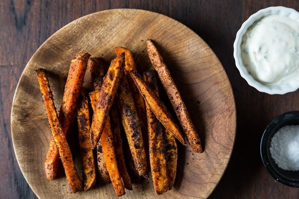 Southwestern spiced sweet potato fries with chili-cilantro sour cream